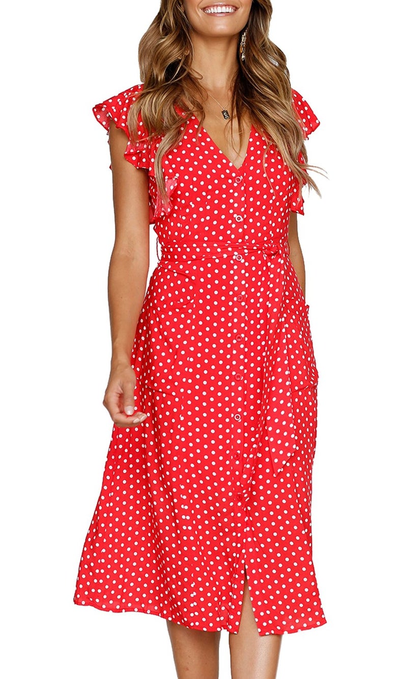 MITILLY Women's Boho Polka Dot Flutter Short Sleeve V Neck Button Down Swing Midi Dress with Pockets X-Large Red - Image 1